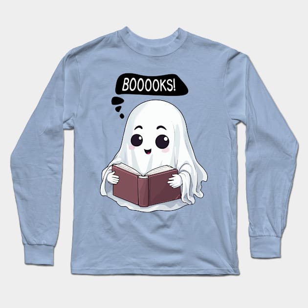 Kawaii Halloween Ghost 'BOOOOKS' - Spooktacular Reading Fun Long Sleeve T-Shirt by Rishirt